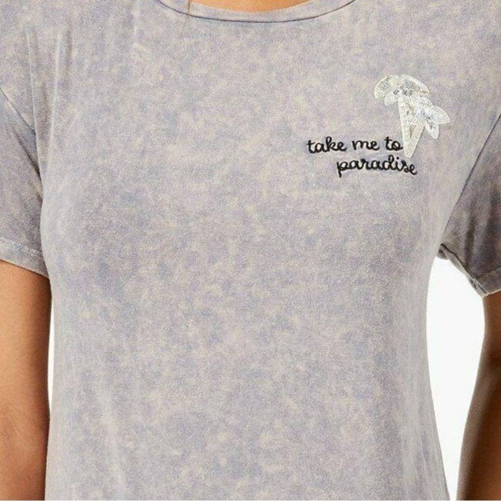 TRUE VINTAGE Gray “Take Me To Paradise”Sequin Short Sleeve Shirt Top‎ Medium NEW